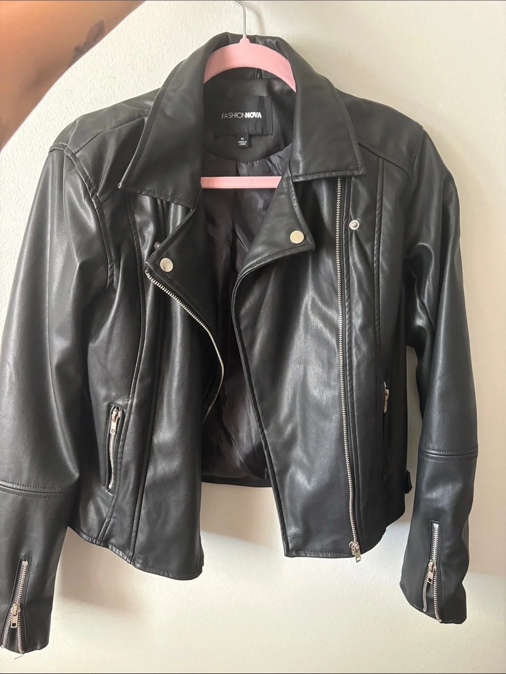 Fashion Nova Black Faux Leather Moto Jacket with Silver Hardware